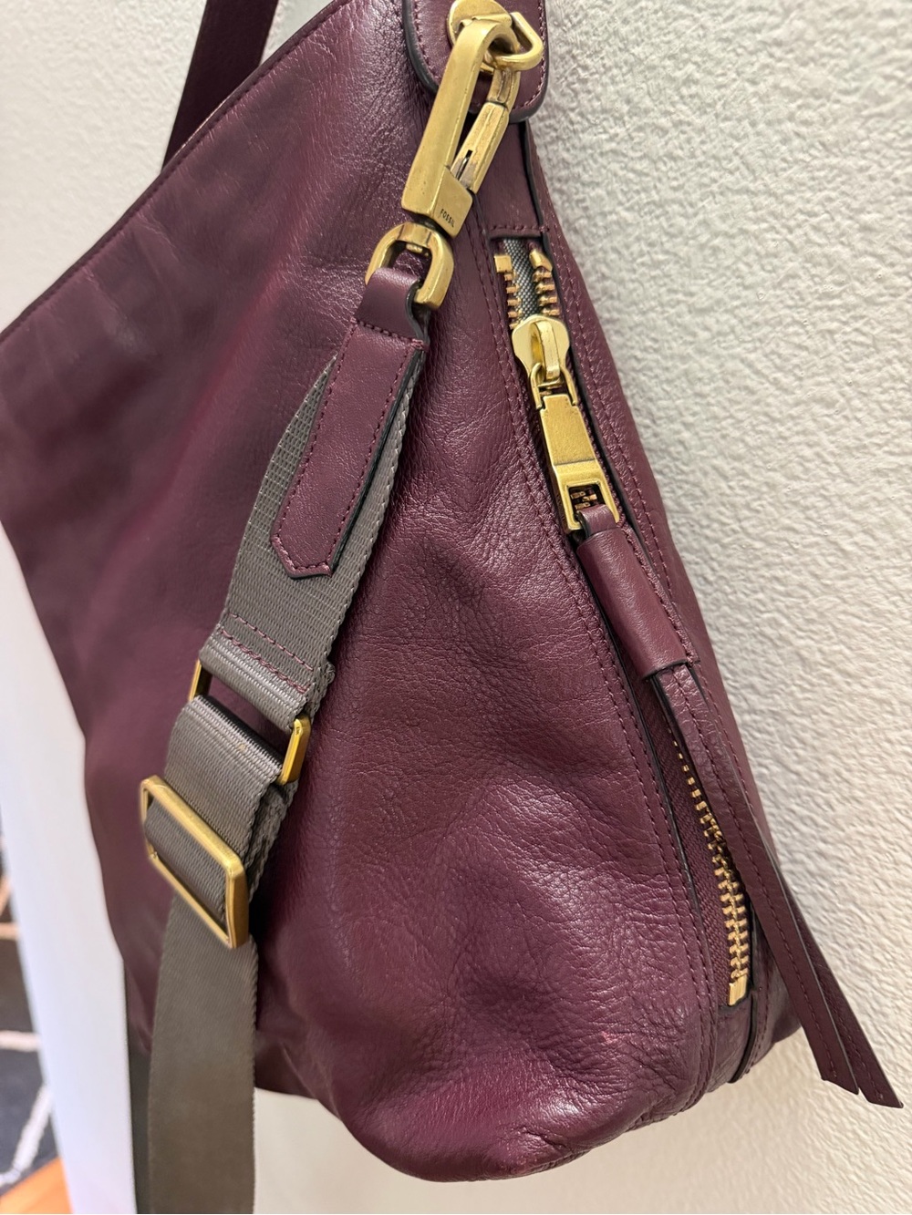 Fossil Plum Leather Shoulder Bag with Gold Hardware